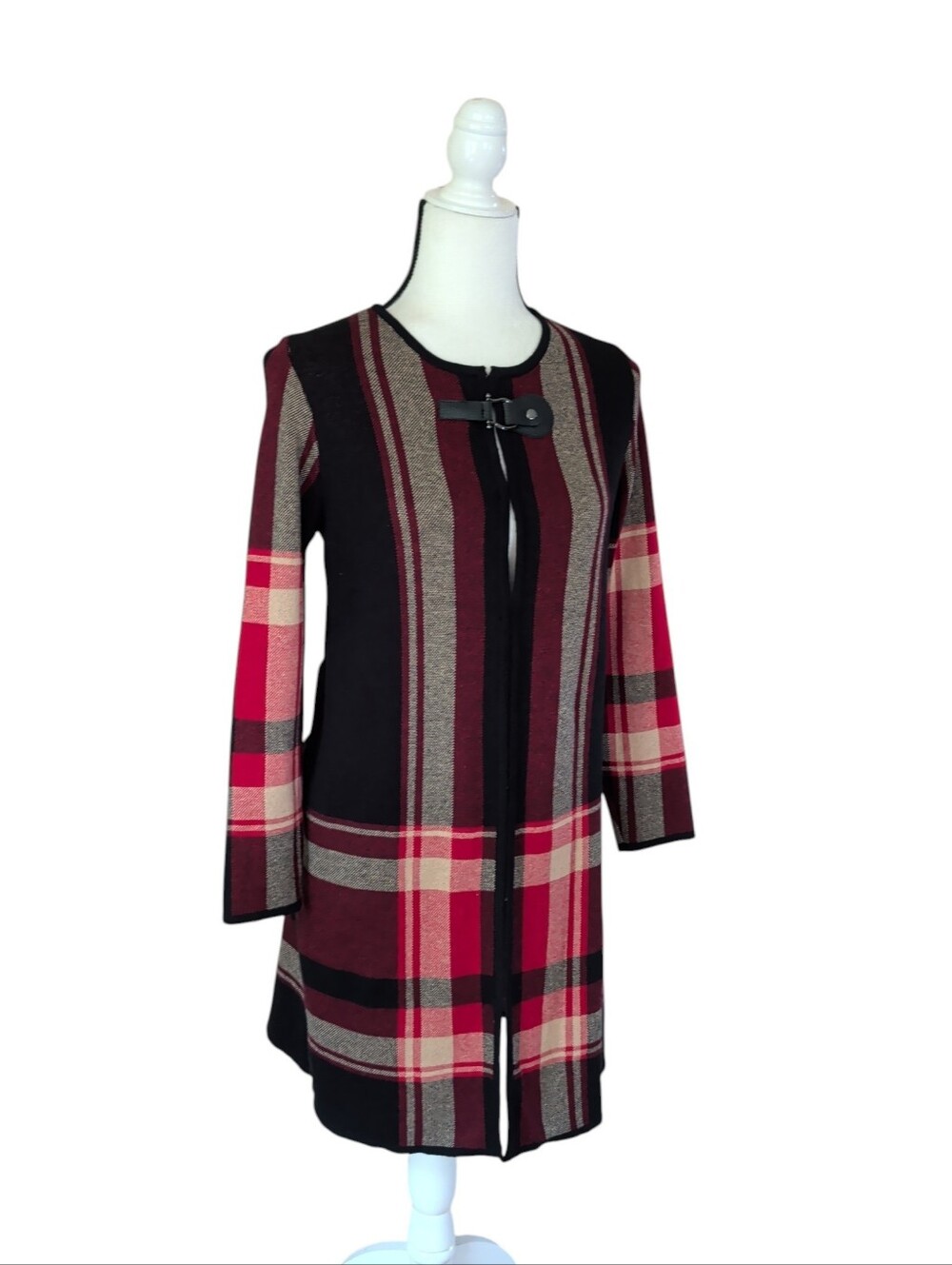 Jones Studio Plaid Long Duster Cardigan Sweater Jacket SMALL Red Black